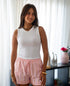 Women Summer Pajama set Off White Top + Pink X Orange Stripes Shorts